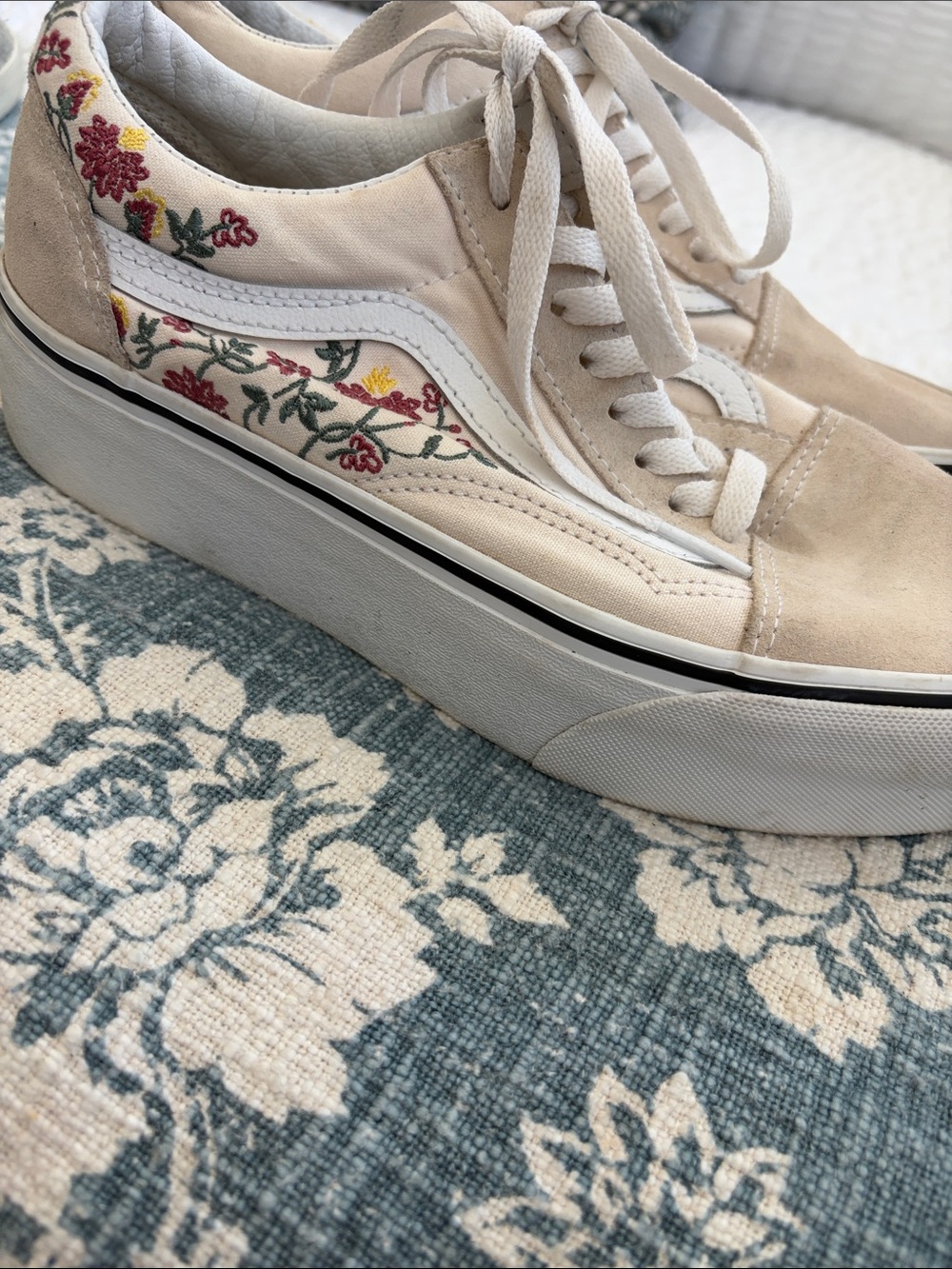 Vans Embroidered Platform Sneakers -Suede Front and Back. Canvas w/ Leather. GUC